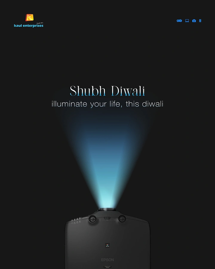 Diwali creative ad: Black projector casting an upward cyan light beam