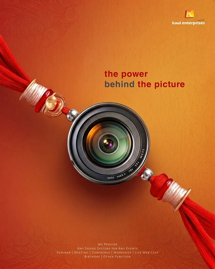 Raksha Bandhan creative ad: Camera lens used as the centrepiece of a red silk rakhi