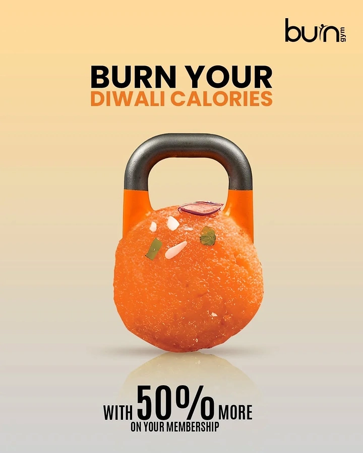 Diwali creative ad: Motichoor laddoo shaped as a kettlebell with an iron handle