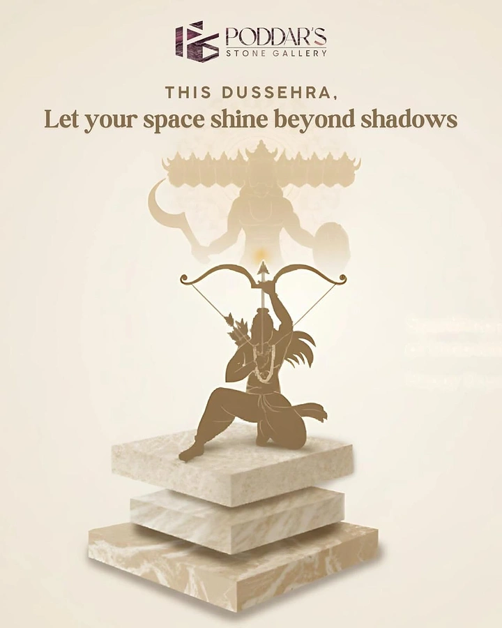 Dussehra creative ad: Kneeling Rama archer silhouette on stacked marble slabs aiming at faded ten-headed Ravana