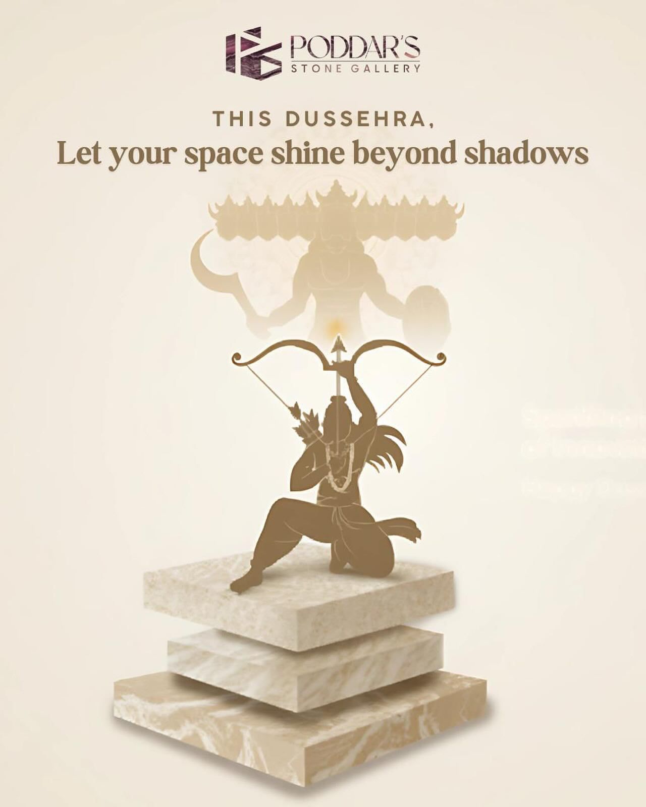 Dussehra Instagram post: Kneeling Rama archer silhouette on stacked marble slabs aiming at faded ten-headed Ravana