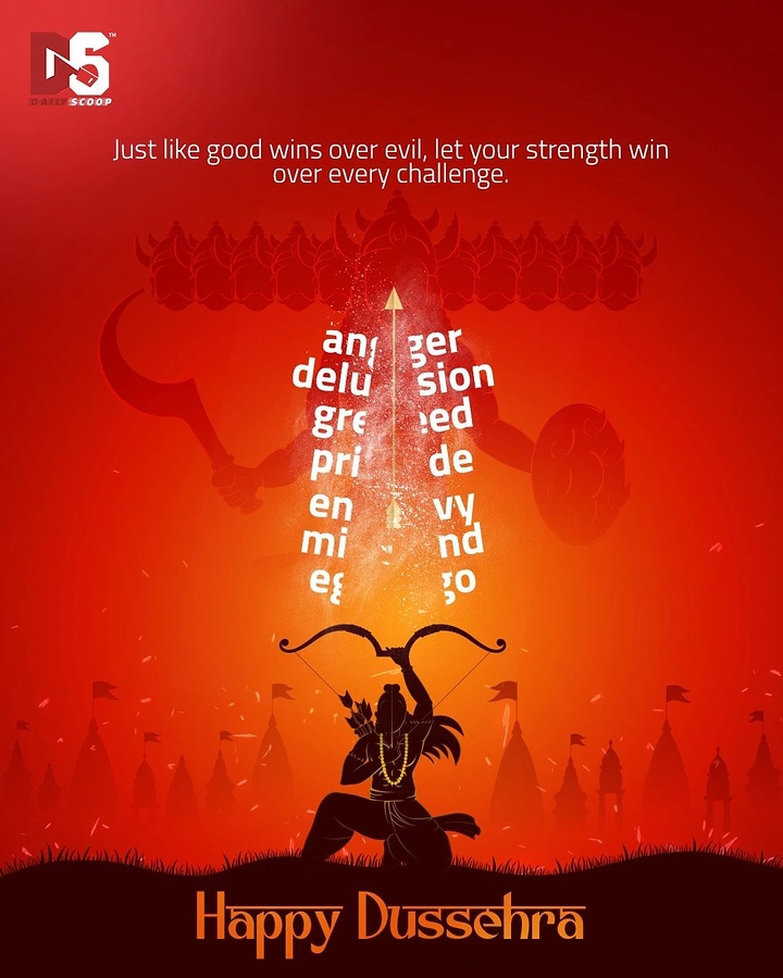 Dussehra creative ad: Rama silhouette shooting an arrow that splits words of vice across a ghostly Ravana