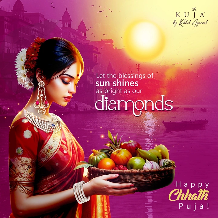 Chhath Puja creative ad: Woman in red saree and diamonds holding a fruit basket at the ghats