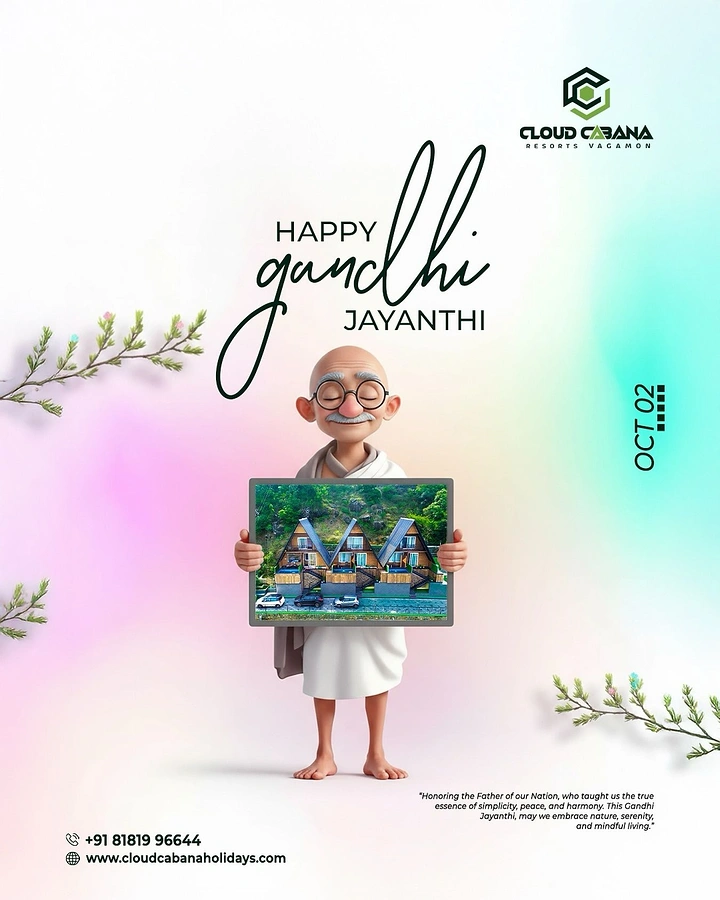 Gandhi Jayanti creative ad: Smiling stylized Gandhi holding a resort image