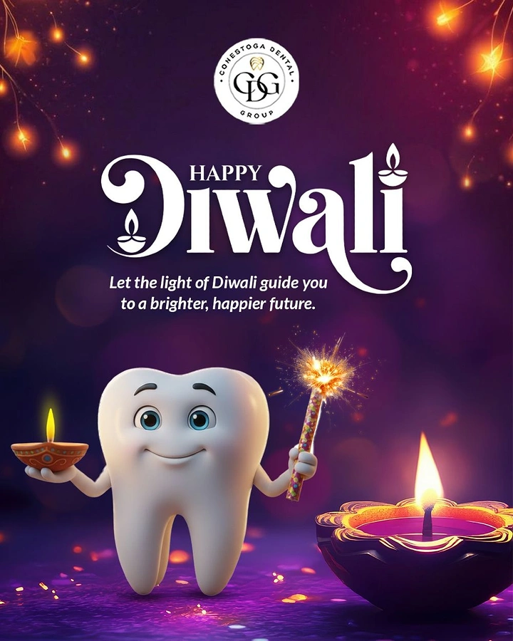 Diwali creative ad: 3D cartoon tooth holding a diya and sparkler