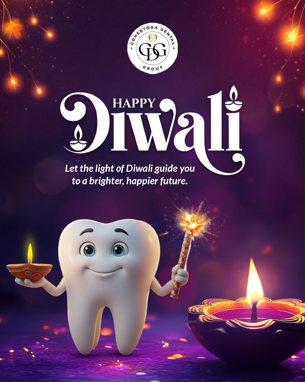 Diwali Instagram post: 3D cartoon tooth holding a diya and sparkler