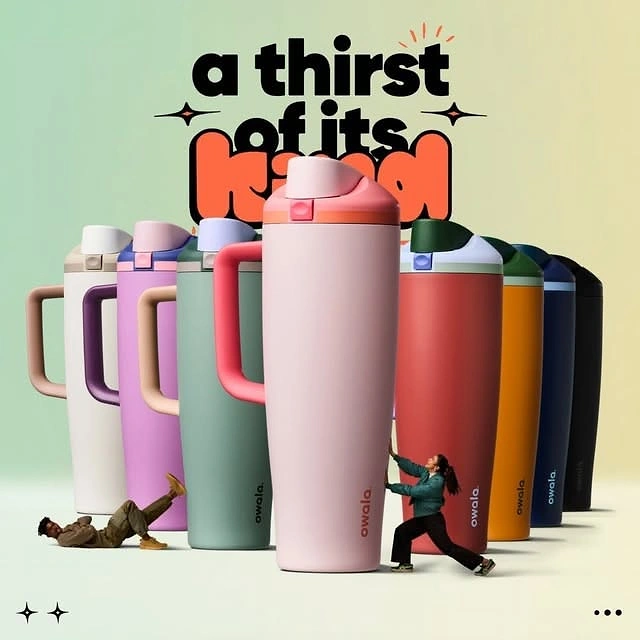 Tumblers, Flasks & Drinkware creative ad: Playful thirst copy with colorful lineup