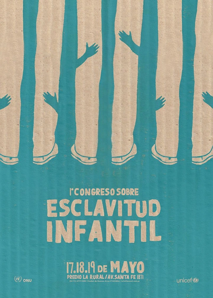 Creative ad: Children's legs and hands forming prison bars on cardboard