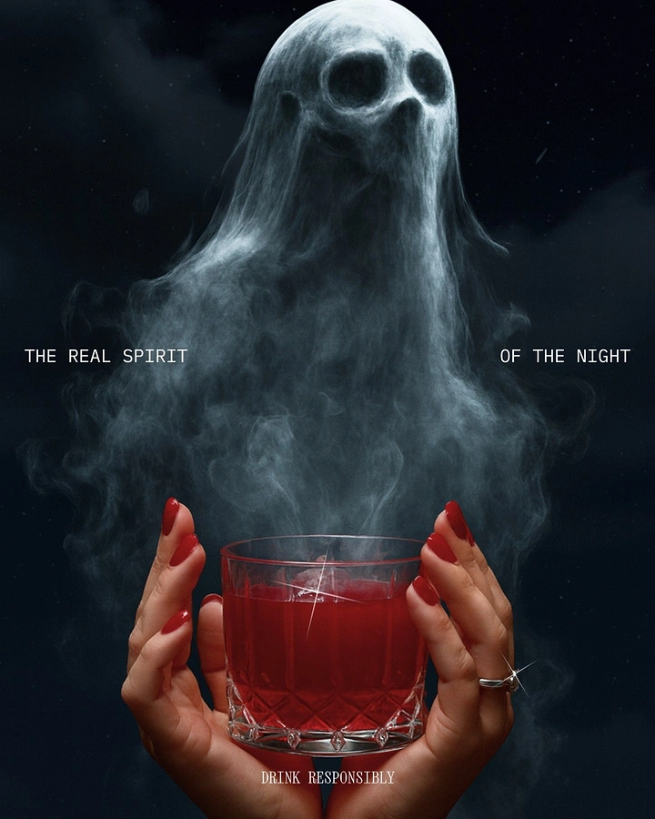 Halloween creative ad: Smoke ghost with a skull face rising from a red cocktail held in two hands