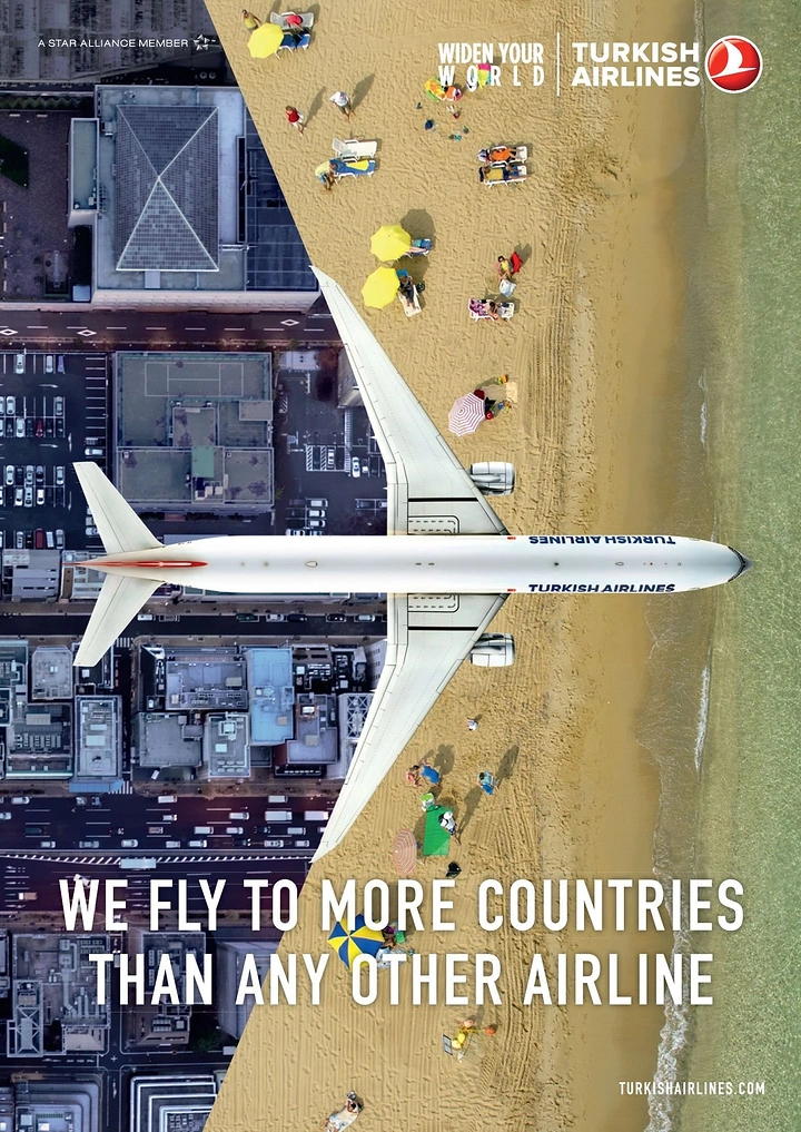 Travel creative ad: Top-down airliner bridging a city grid and a beach