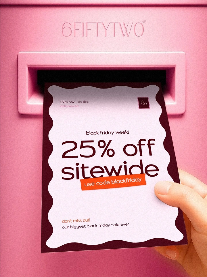 Black Friday creative ad: Hand pulling a sale flyer out of a pink mail slot