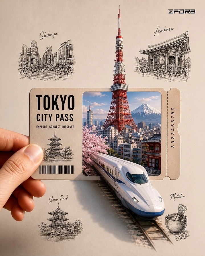 Creative ad: Hand holding a Tokyo pass ticket with a 3D tower and bullet train bursting out of it