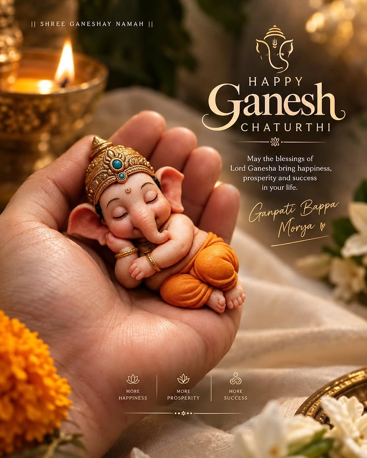 Ganesh Chaturthi creative ad: Tiny sleeping baby Ganesha idol cradled in an open palm