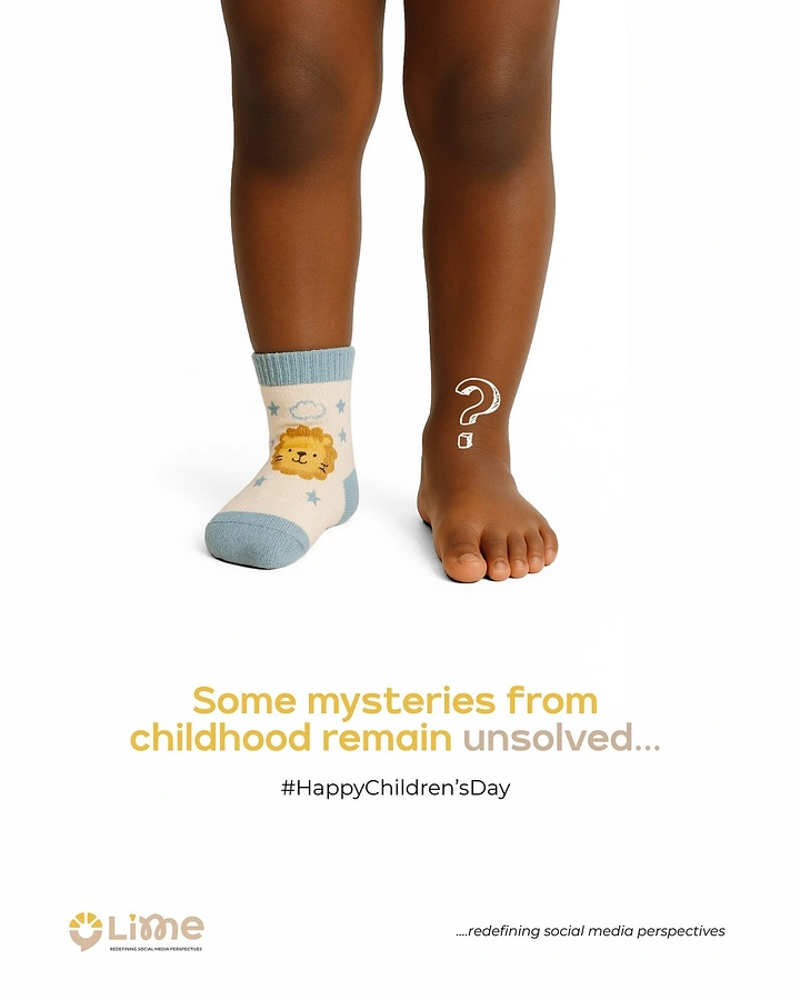 Children's Day creative ad: Toddler's legs with one lion sock on and one bare foot