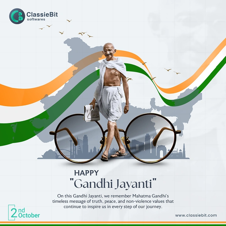 Gandhi Jayanti creative ad: Walking freedom-leader photo cutout above oversized round spectacles
