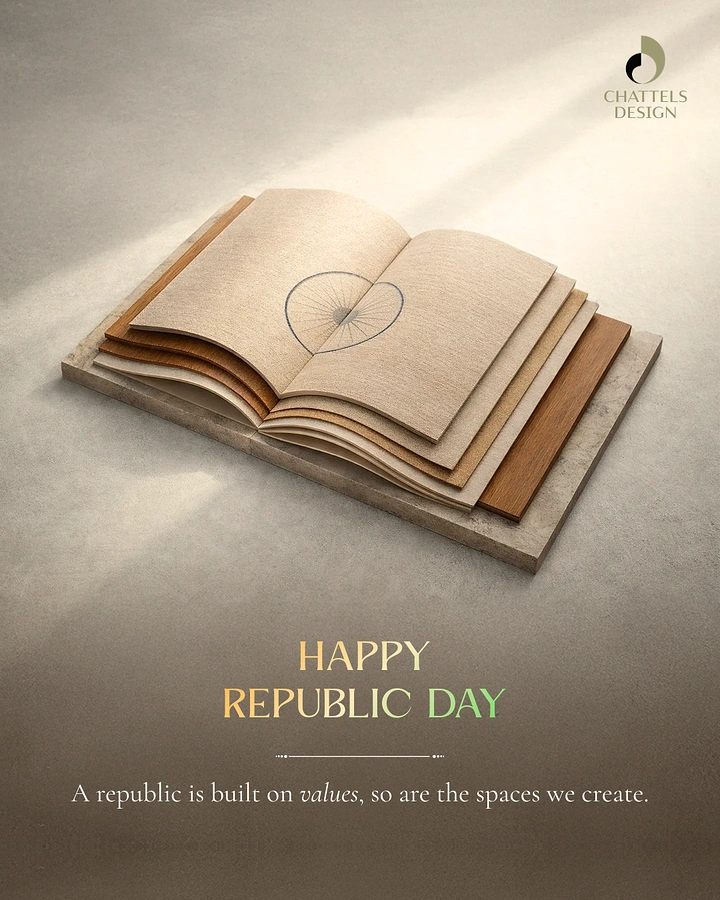 Republic Day creative ad: Open book made of layered wood, paper and stone samples with a heart-shaped chakra sketch