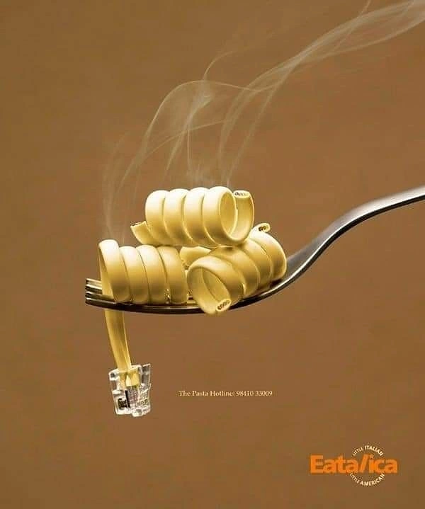 Instant Noodles & Pasta Brands creative ad: Pasta hotline visual with playful product metaphor