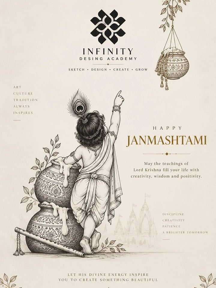 Janmashtami creative ad: Pencil-sketch baby Krishna reaching up beside butter pots