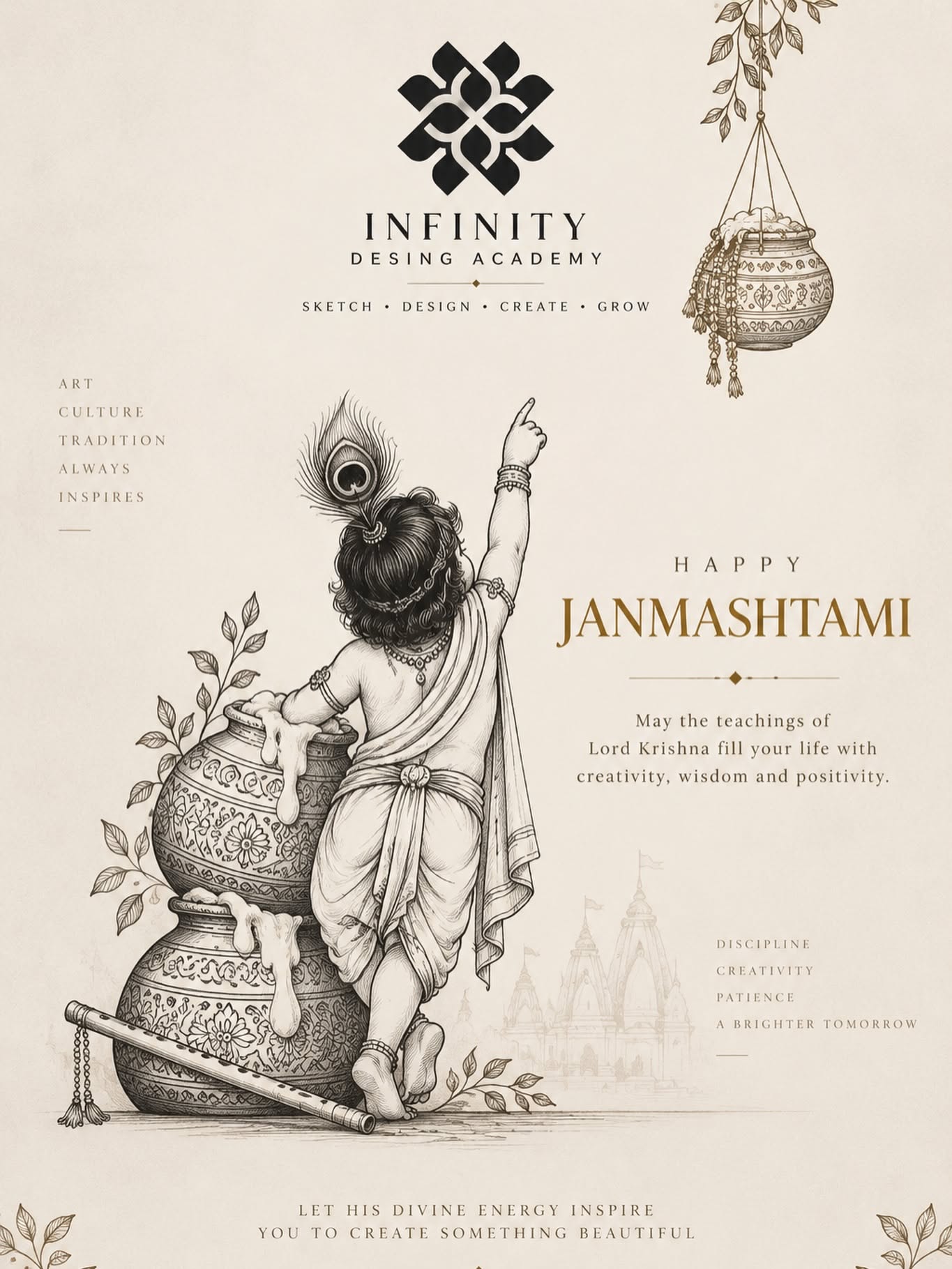Pencil-sketch baby Krishna reaching up beside butter pots