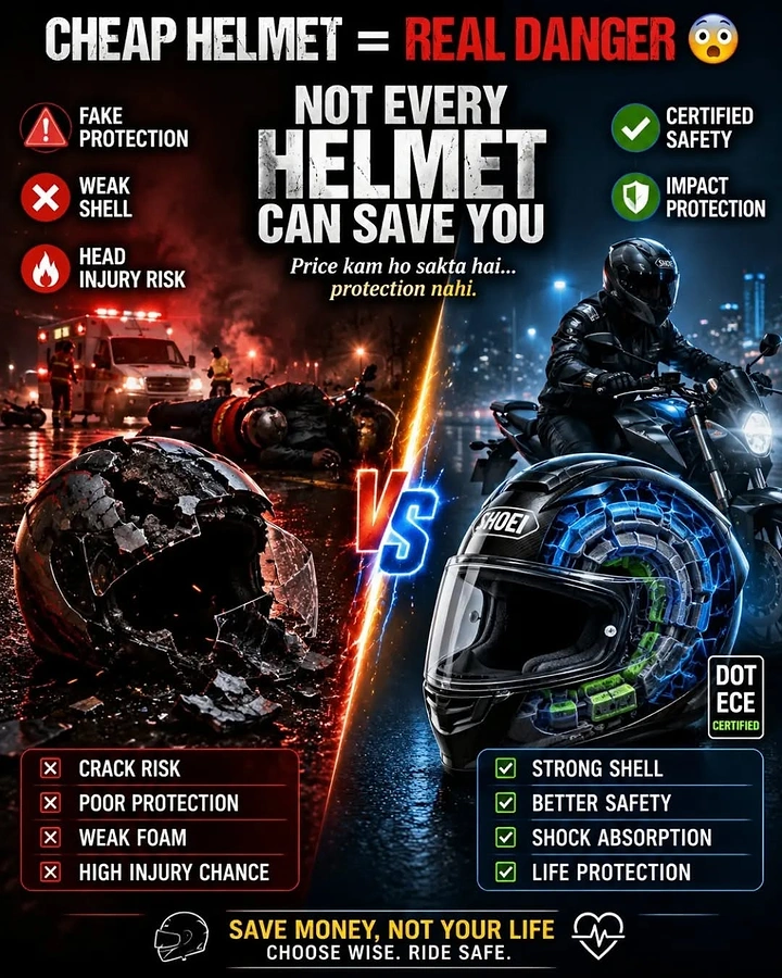 Helmets & Riding Gear creative ad: Dramatic fake-versus-certified helmet comparison