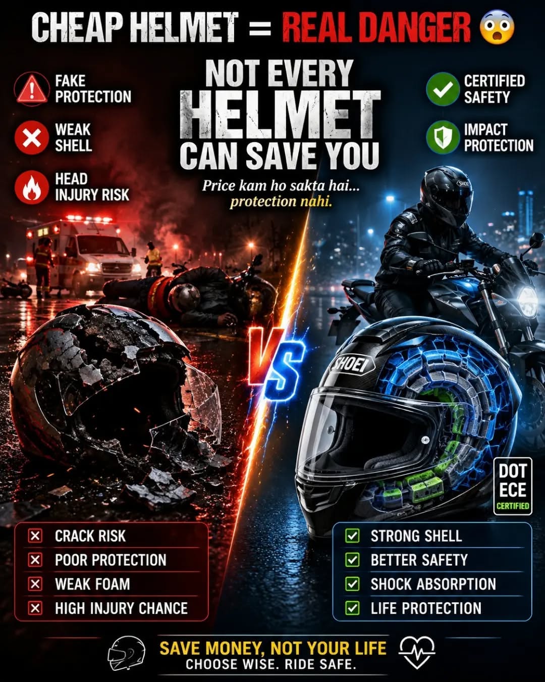 Instagram post: Dramatic fake-versus-certified helmet comparison