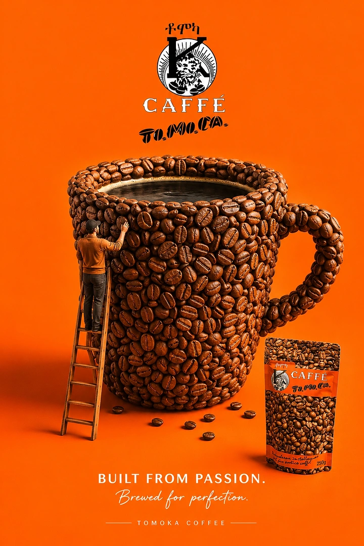 Soft Drinks & Beverages creative ad: Giant mug built from coffee beans with a miniature man on a ladder