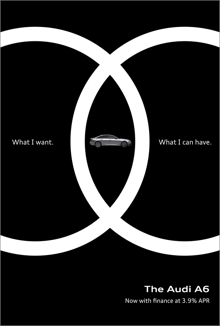 Finance & Banking creative ad: Two overlapping white rings forming a Venn diagram with a silver sedan in the overlap