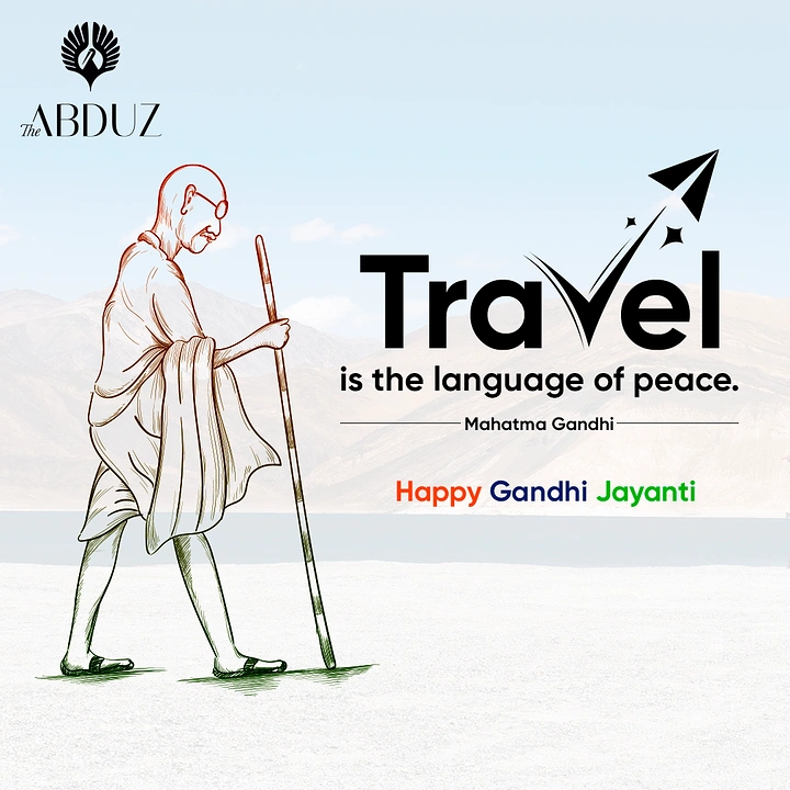 Gandhi Jayanti creative ad: Tricolour line sketch of Gandhi walking with a staff