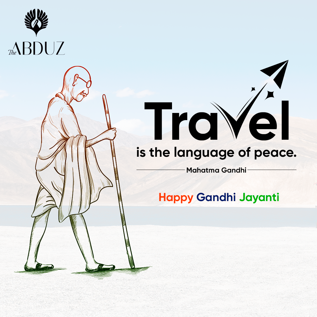 Tricolour line sketch of Gandhi walking with a staff