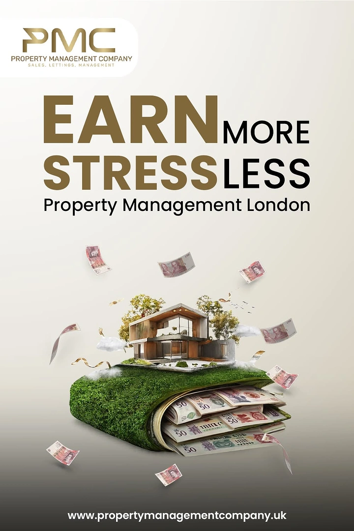 Property Management creative ad: Money-and-house composition supports stressless promise