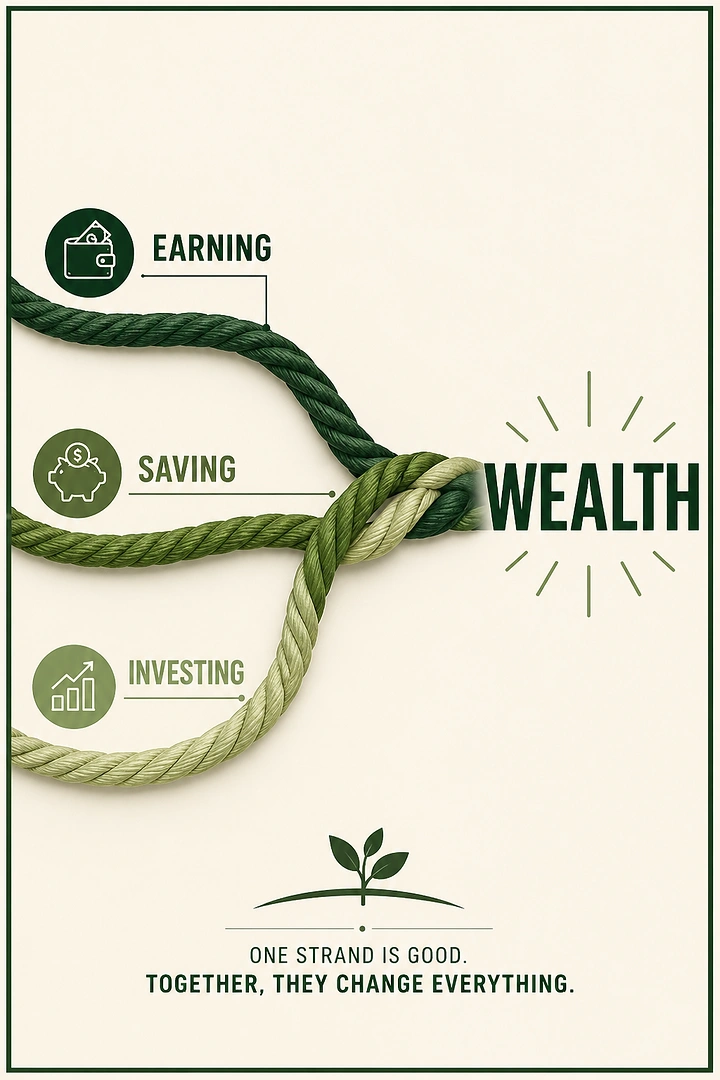 Stock Brokers & Investing creative ad: Ropes of earning, saving, investing knotted into wealth