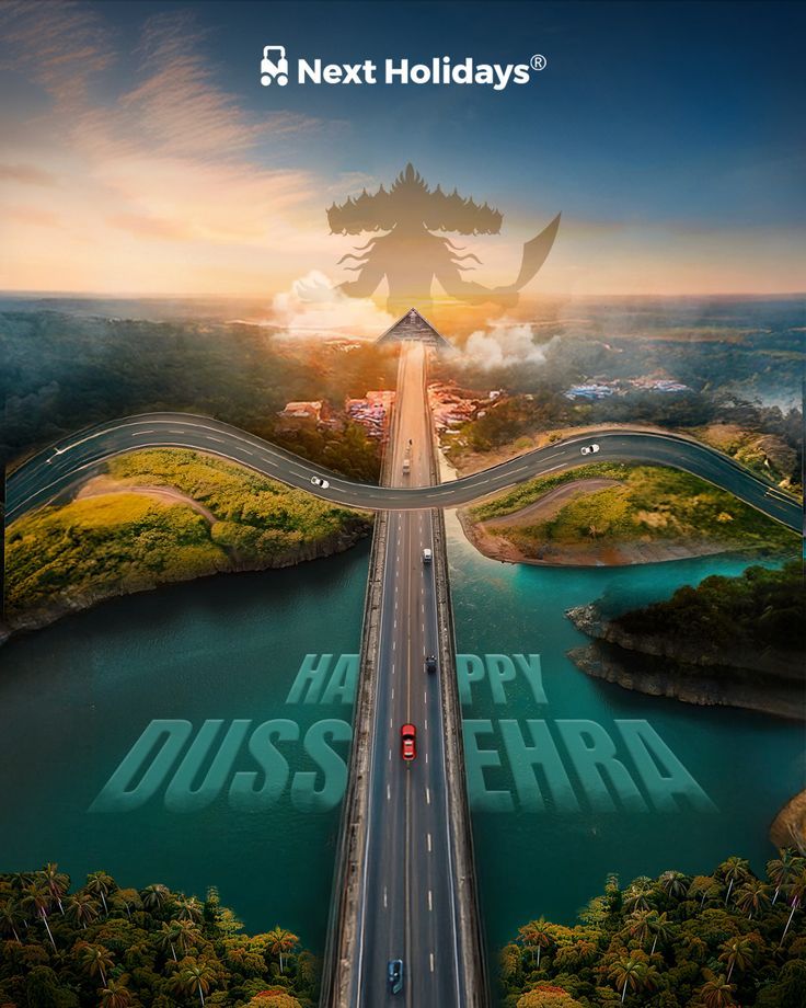 Aerial highway through river landscape with a ghostly Ravana silhouette on the horizon