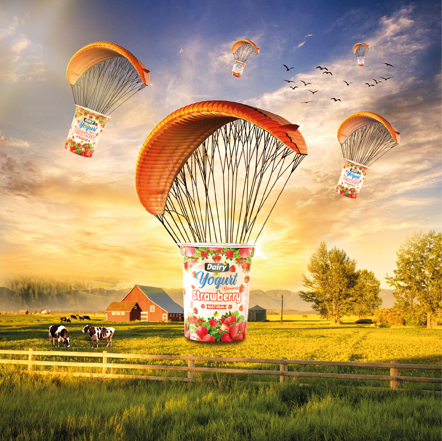 Instagram post: Yogurt cups parachuting onto farm