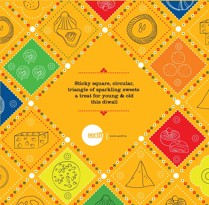 Diwali creative ad: Pattern of line-drawn Indian sweets in colourful diamond tiles