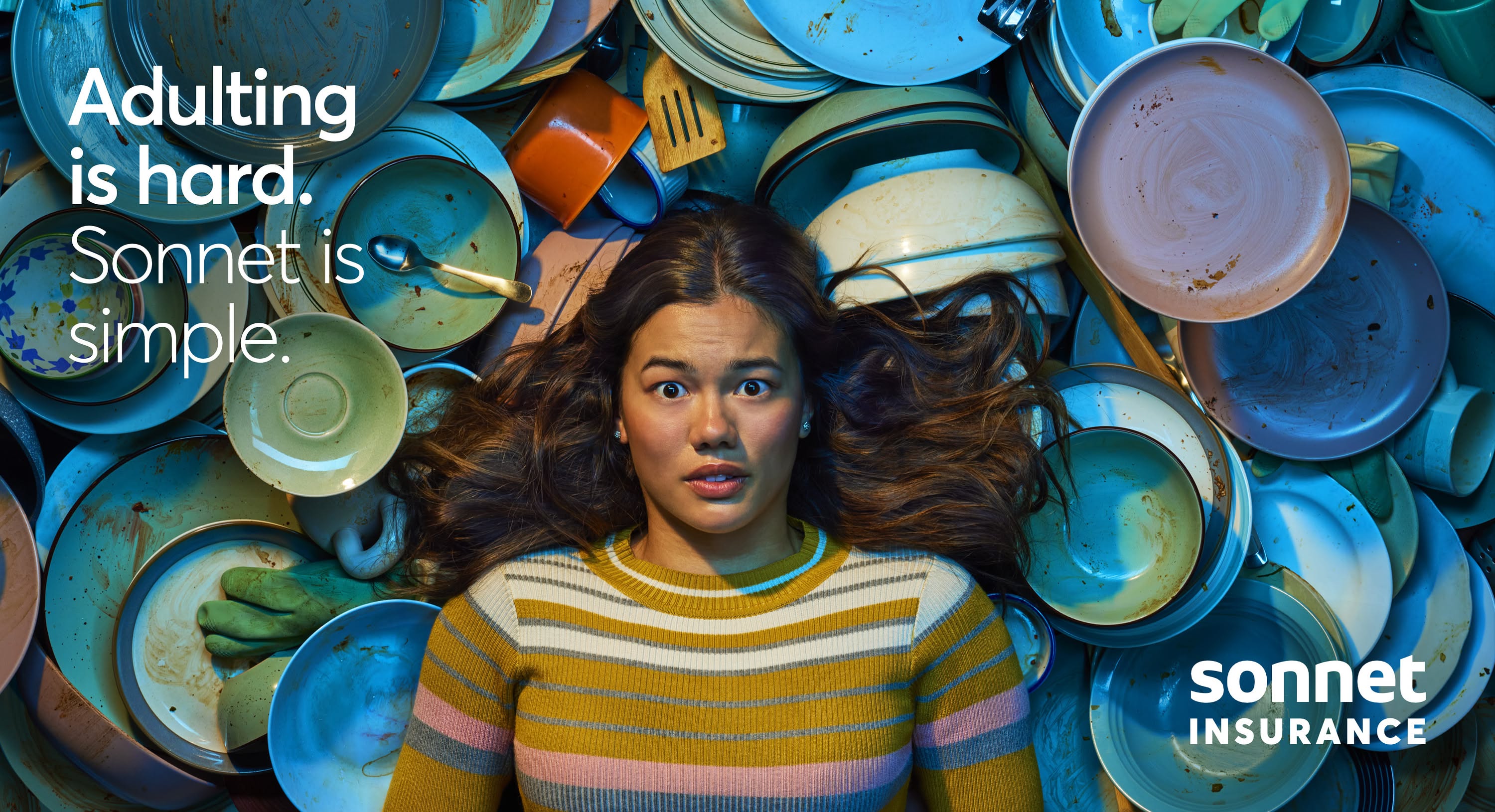 Banner: Wide-eyed woman lying amid a sea of dirty dishes