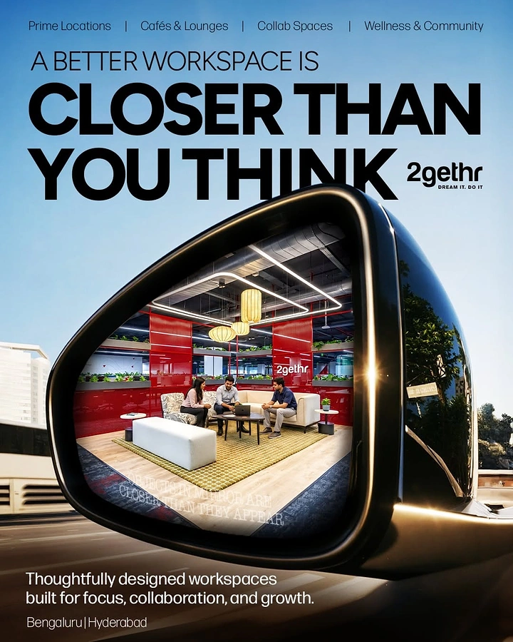 Co-working Spaces creative ad: Car side mirror reflecting a modern coworking lounge