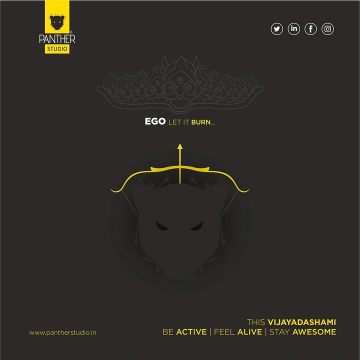 Dussehra creative ad: Yellow bow and arrow drawn over a dark panther-head silhouette, with ten-headed Ravana line art above