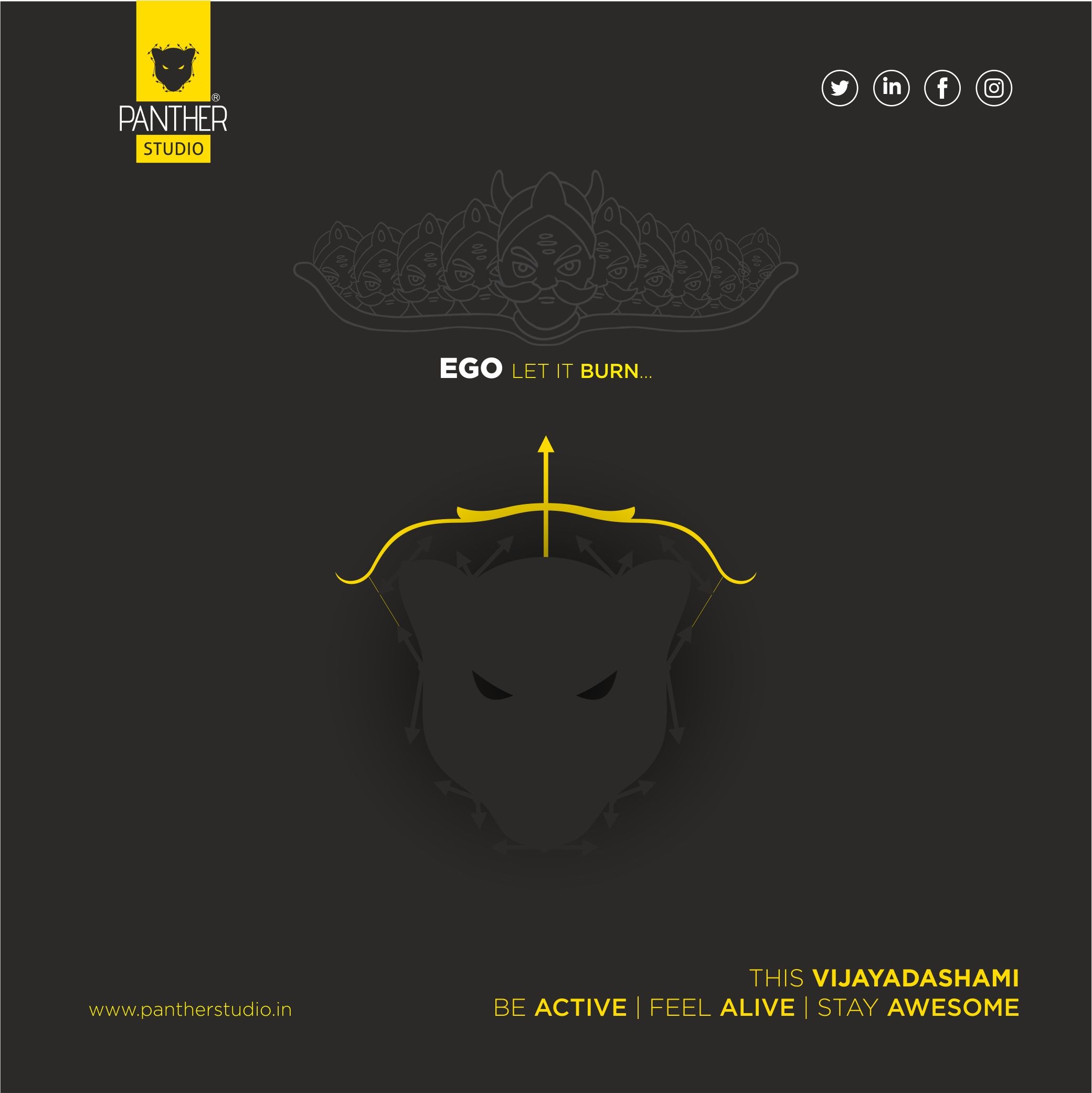 Yellow bow and arrow drawn over a dark panther-head silhouette, with ten-headed Ravana line art above