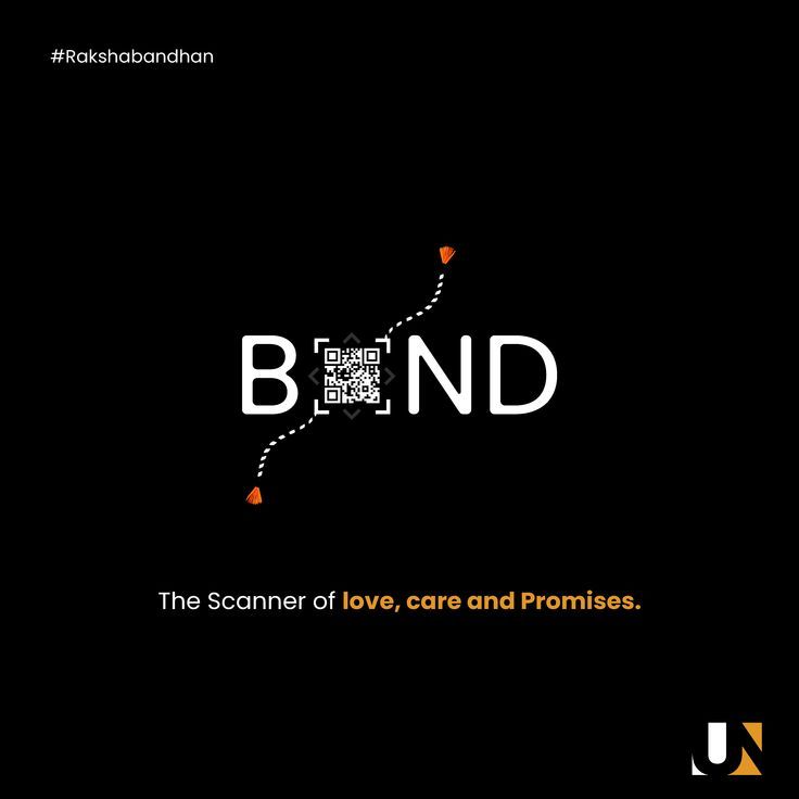 Word BOND with QR code replacing the O, crossed by a dotted rakhi thread