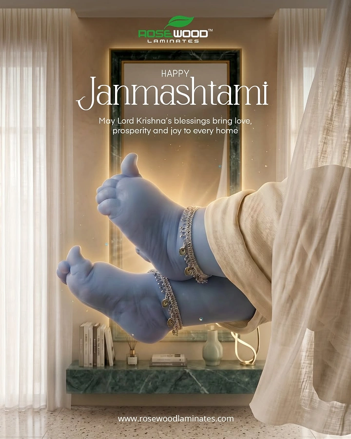 Janmashtami creative ad: Blue baby Krishna feet with anklets floating into a luxe interior