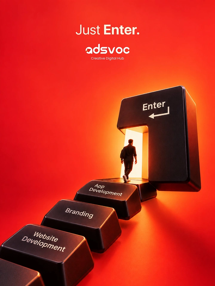 Agency creative ad: Giant Enter key as a glowing doorway with keycap steps leading up