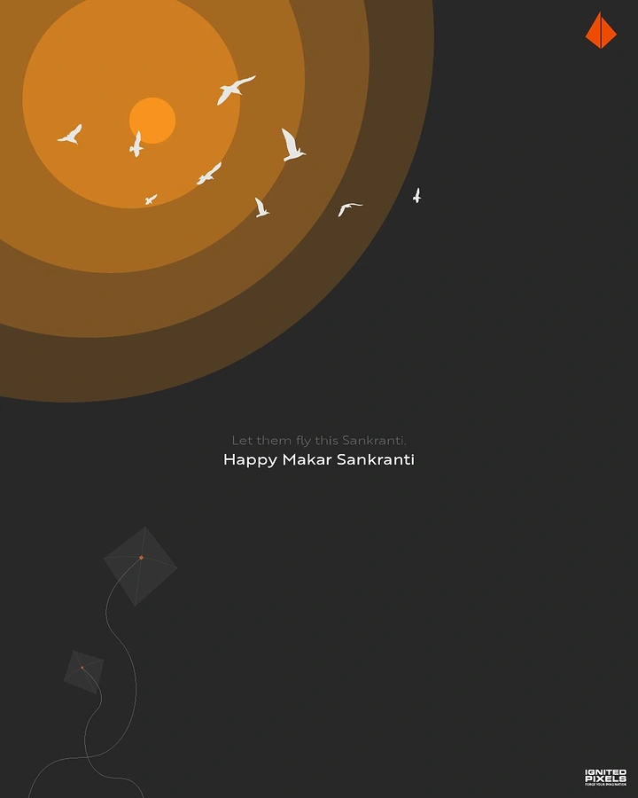 Makar Sankranti creative ad: Concentric orange sun with birds flying free