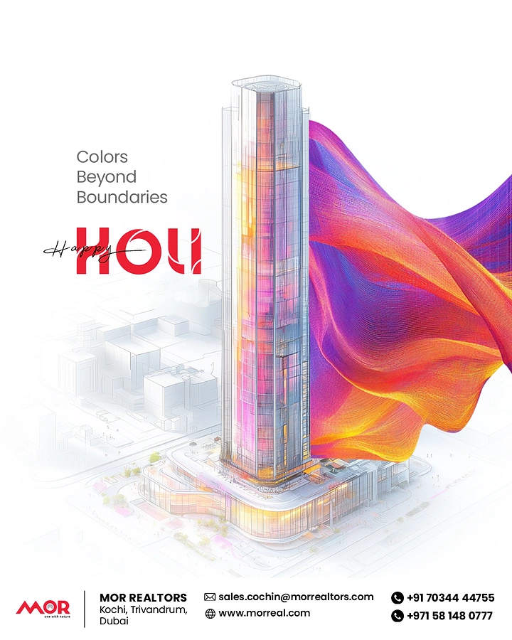Holi creative ad: Translucent architectural-sketch tower with flowing rainbow fabric