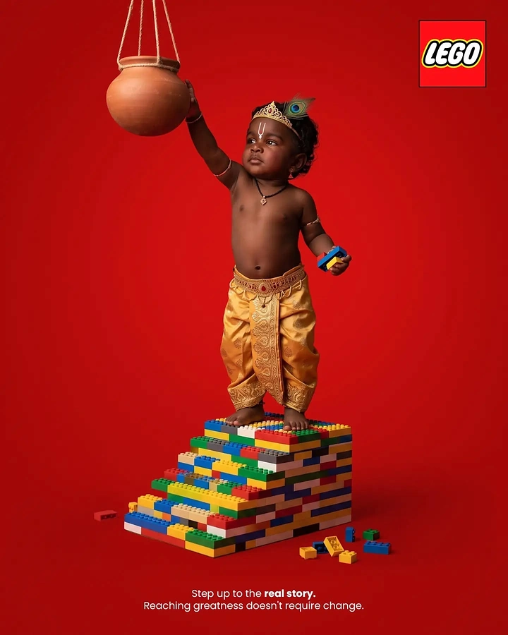 Janmashtami creative ad: Toddler dressed as Krishna on brick steps reaching for pot