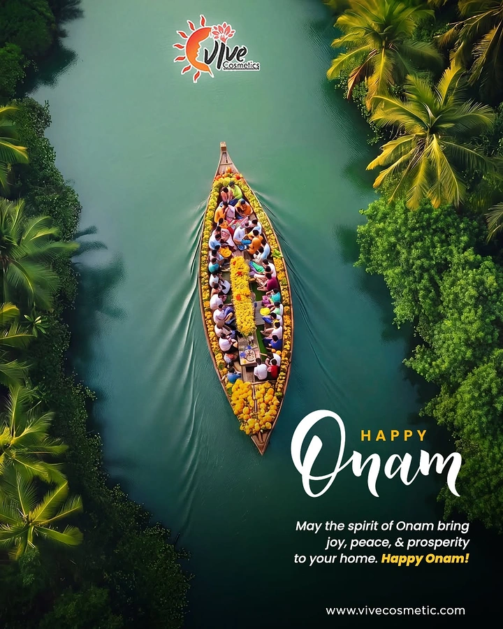 Onam creative ad: Aerial view of marigold-decorated boat with people on Kerala backwaters