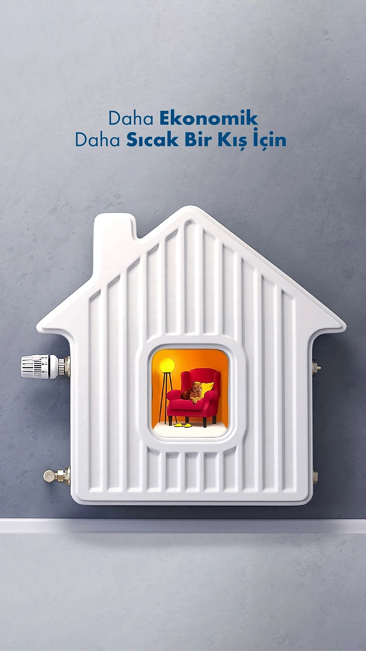Construction creative ad: White house-shaped radiator with a warm lit living-room window inside