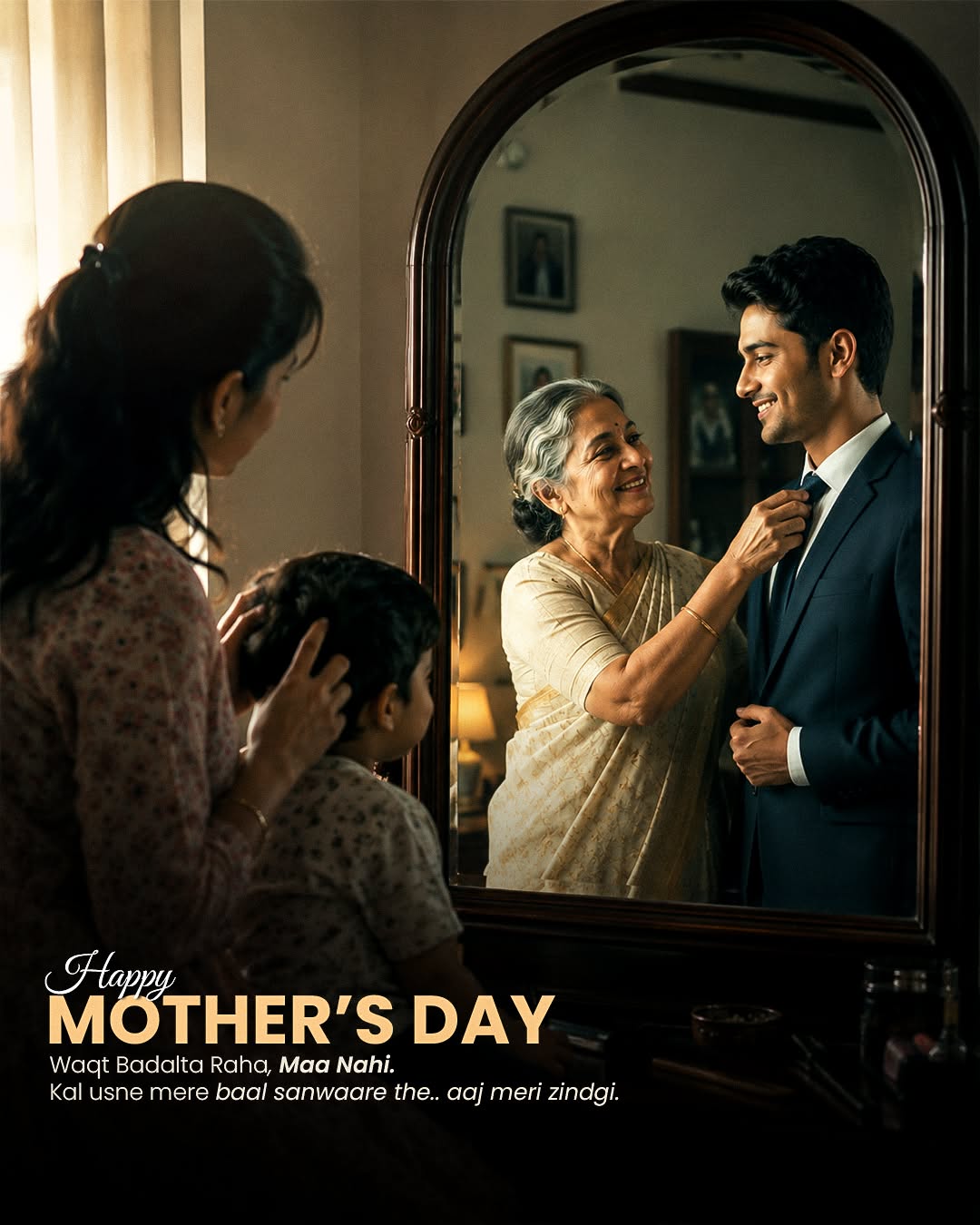 Mother combing child's hair, reflected in the mirror as the elderly mother fixing her grown son's tie