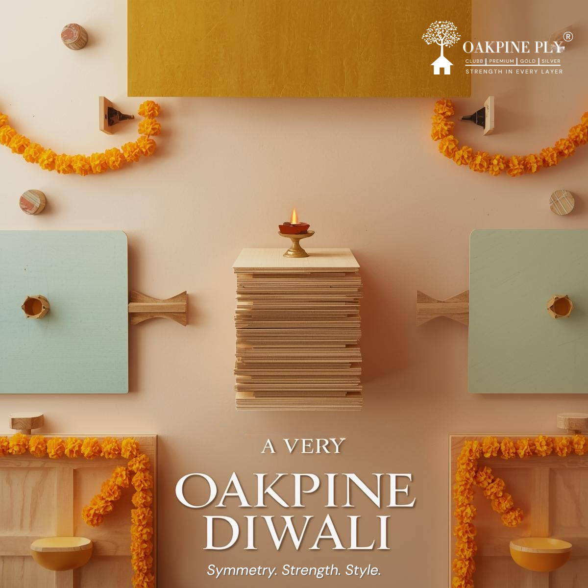 Diwali Instagram post: A floating stack of plywood sheets with a brass diya on top