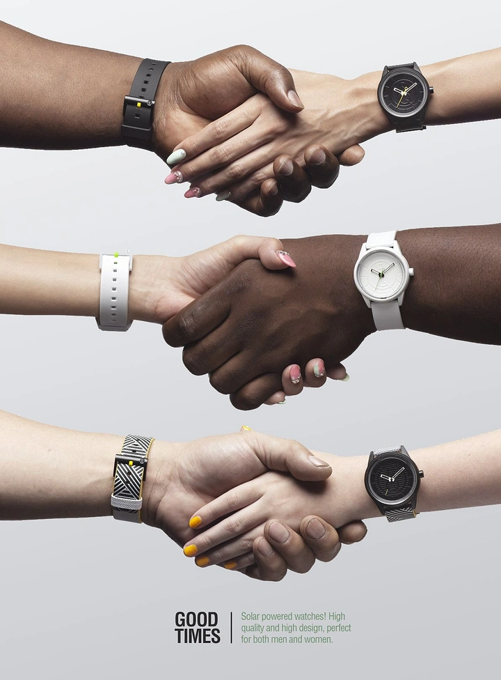 Creative ad: Three handshakes between diverse hands wearing watches