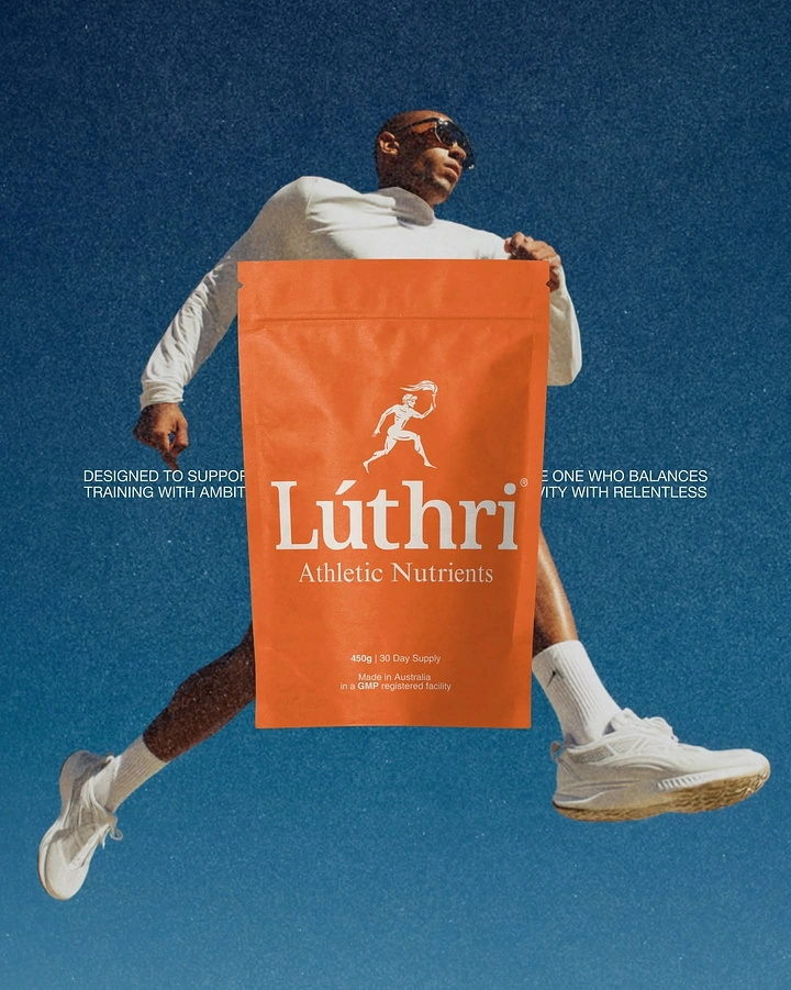 Wellness & Ayurveda creative ad: Leaping athlete behind an orange supplement pouch
